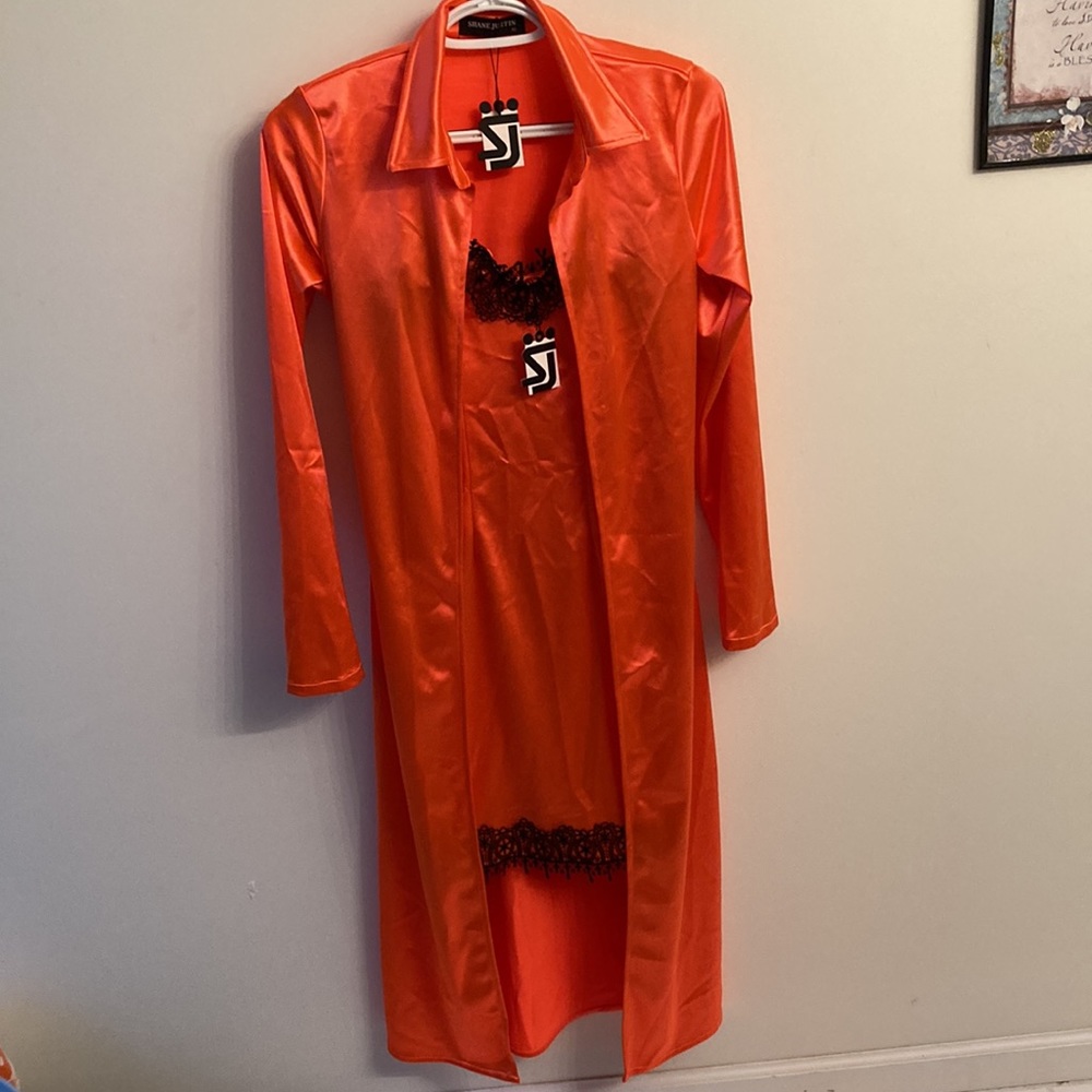 Shane Justin Orange Satin Trench & Lace Nightgown Set NWT (XS)
